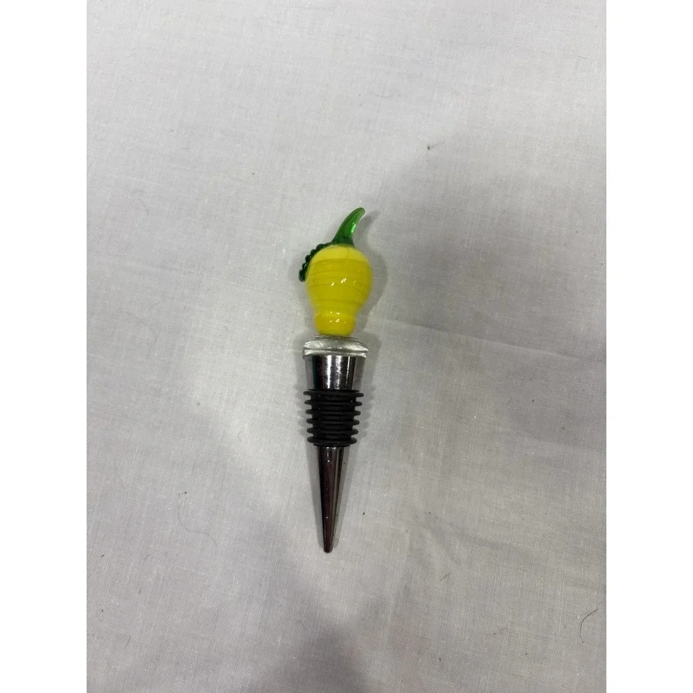 Hand Blown Glass Lemon Wine Bottle Stopper‎ Yellow & Green Fruit Bar Accessory